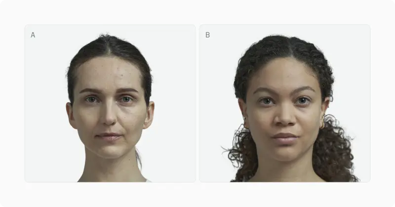 Three female portraits with vertical midline and horizontal eye and mouth reference lines