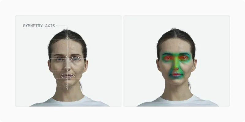 Front portrait with a facial thirds grid alongside an eye-tracking heatmap over the eyes, nose and mouth