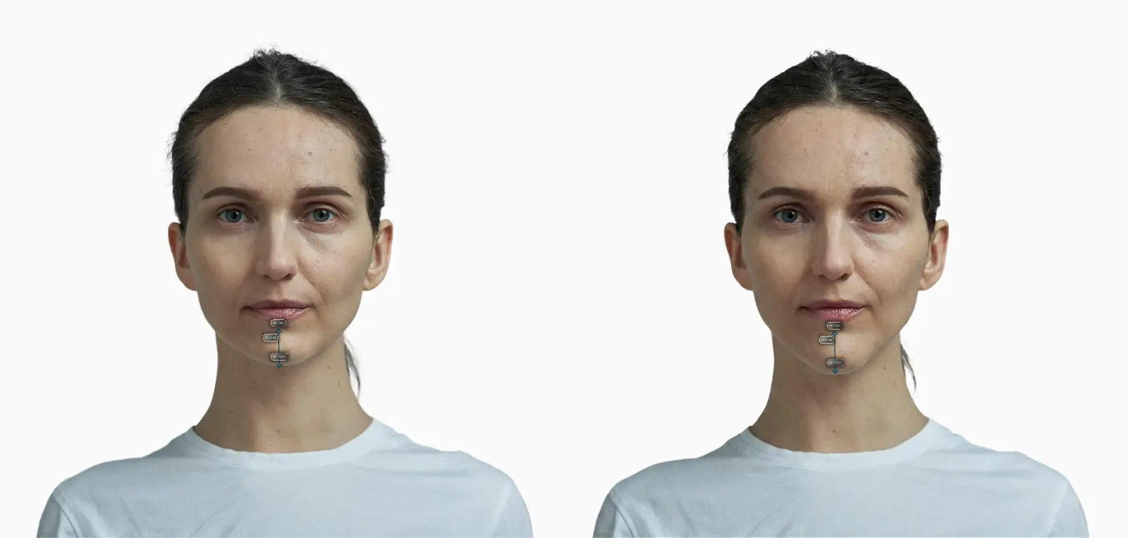 The same female face with a shorter chin on the left and a taller chin on the right, chin height drawn on each
