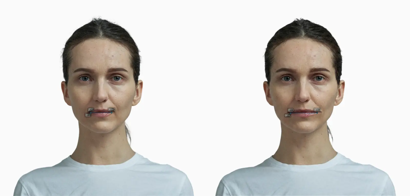 The same female face with a narrower mouth on the left and a wider mouth on the right, mouth width drawn on each