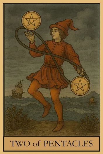 Карта Таро Двойка Пентаклей