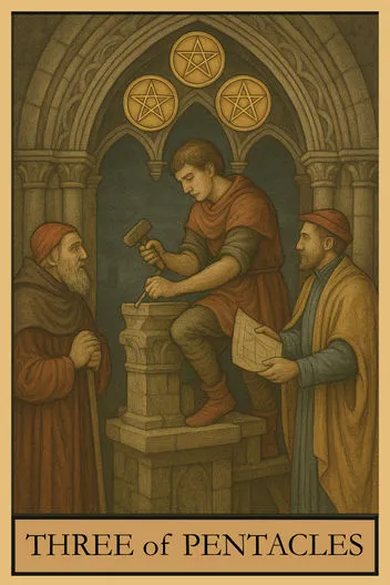 Карта Таро Тройка Пентаклей