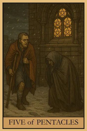 Карта Таро Пятерка Пентаклей