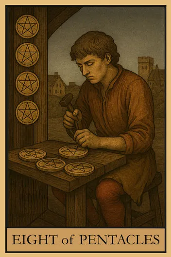 Карта Таро Восьмерка Пентаклей