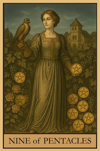 Карта Таро Девятка Пентаклей