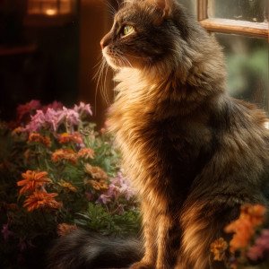 Кот на подоконнике в золотых лучах