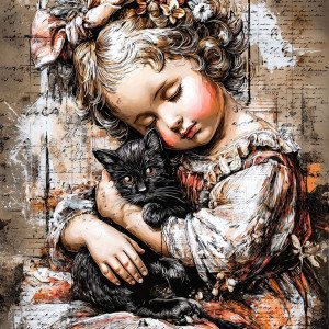 Кукла и кот в викторианском коллаже