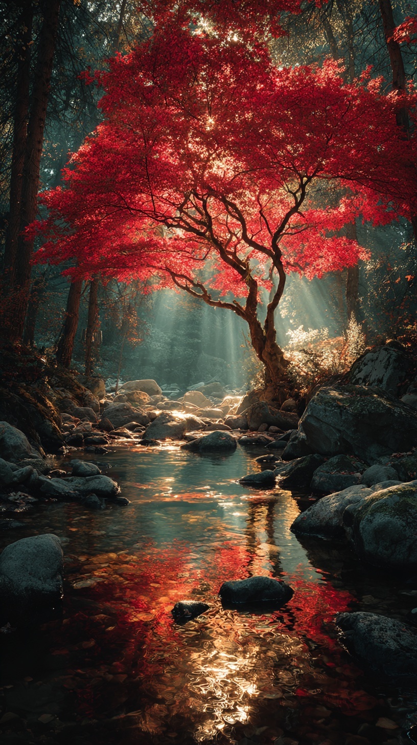 Промпт (промт) для нейросети - Midjourney | Фэнтезийный пейзаж с клёном