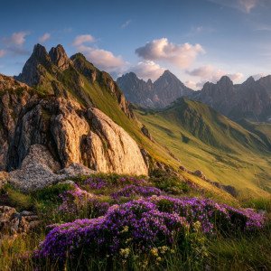 Горный хребт в золотом свете заката