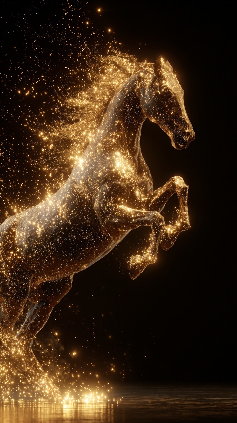 Промпт (промт) для нейросети - Midjourney | Конь из светящихся золотых частиц 