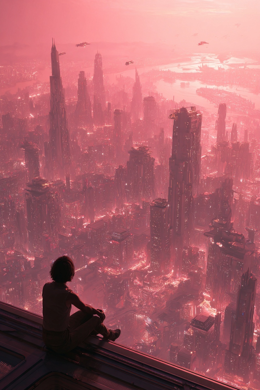 Промпт (промт) для нейросети - Midjourney | Созерцание футуристического города