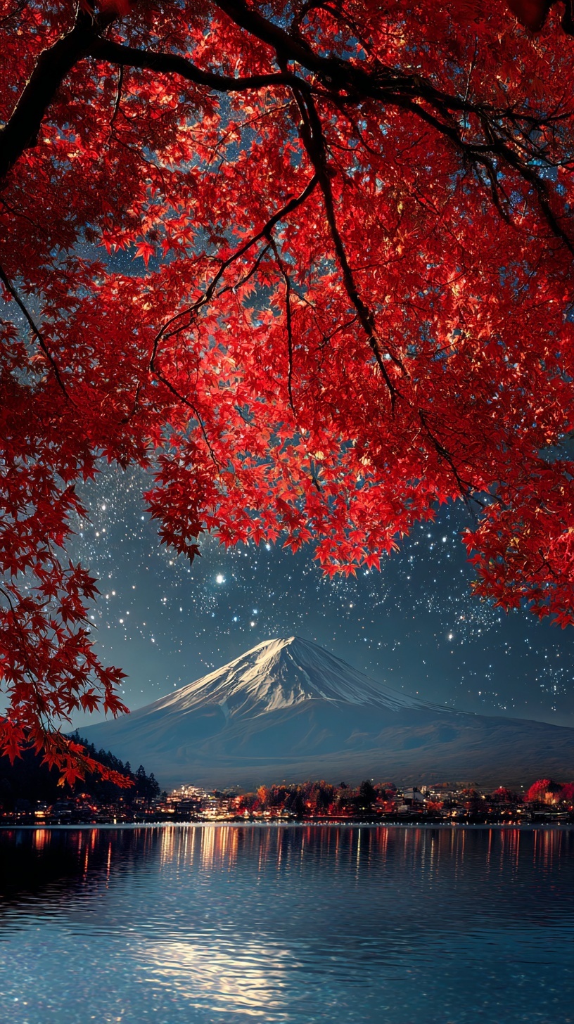 Промпт (промт) для нейросети - Midjourney | Осенняя ночь у Фудзи