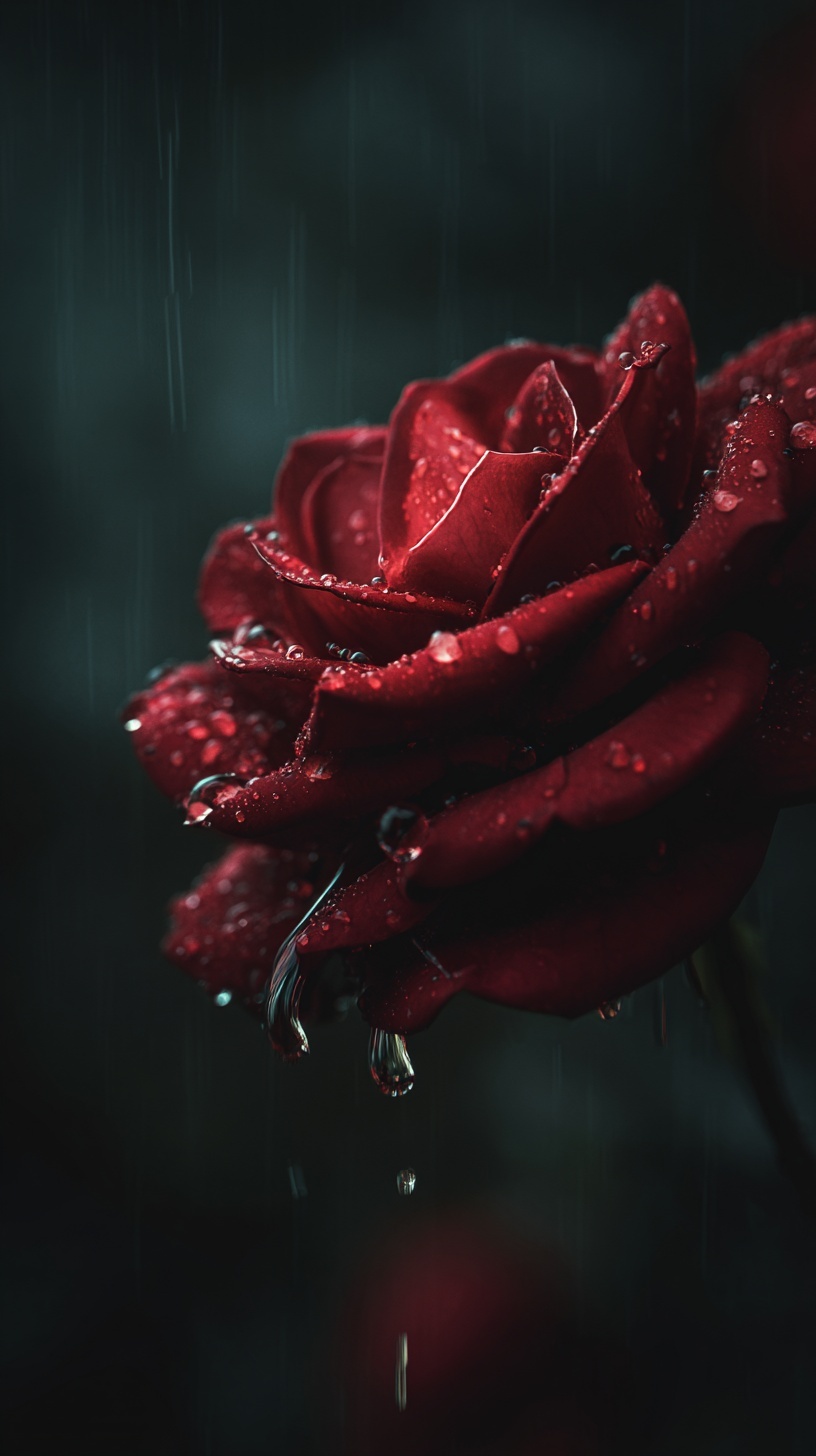Промпт (промт) для нейросети - Midjourney | Темно-красная роза под дождём