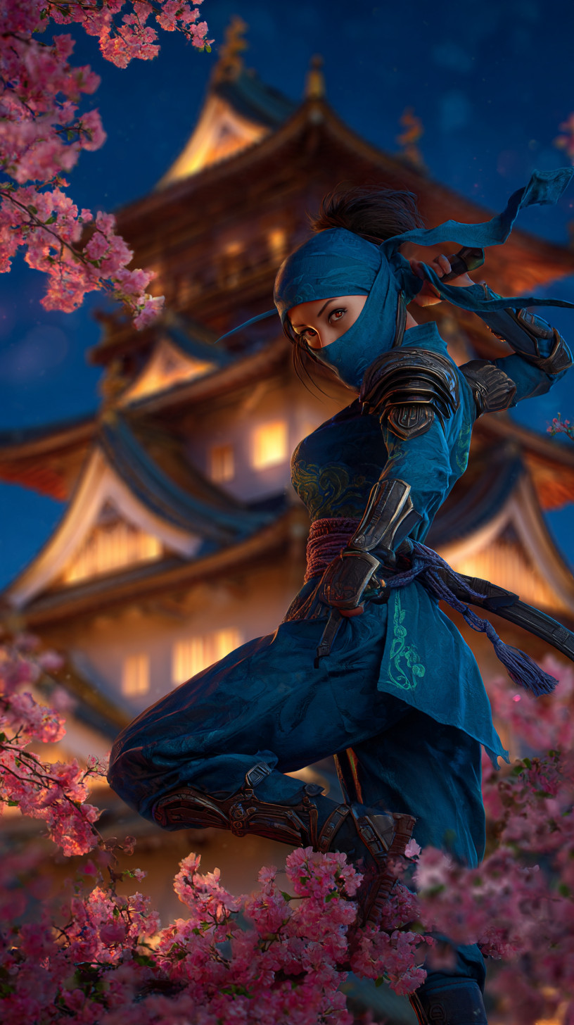 Промпт (промт) для нейросети - Midjourney | Женщина-ниндзя под сакурой