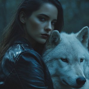 Девушка и волк в лунном свете