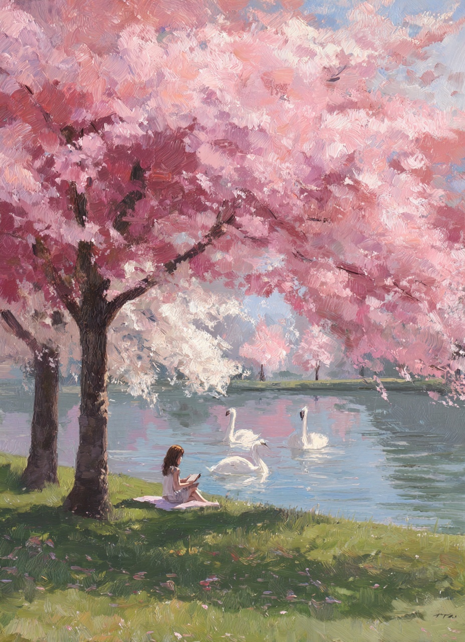 Промпт (промт) для нейросети - Midjourney | Чтение под цветущим деревом