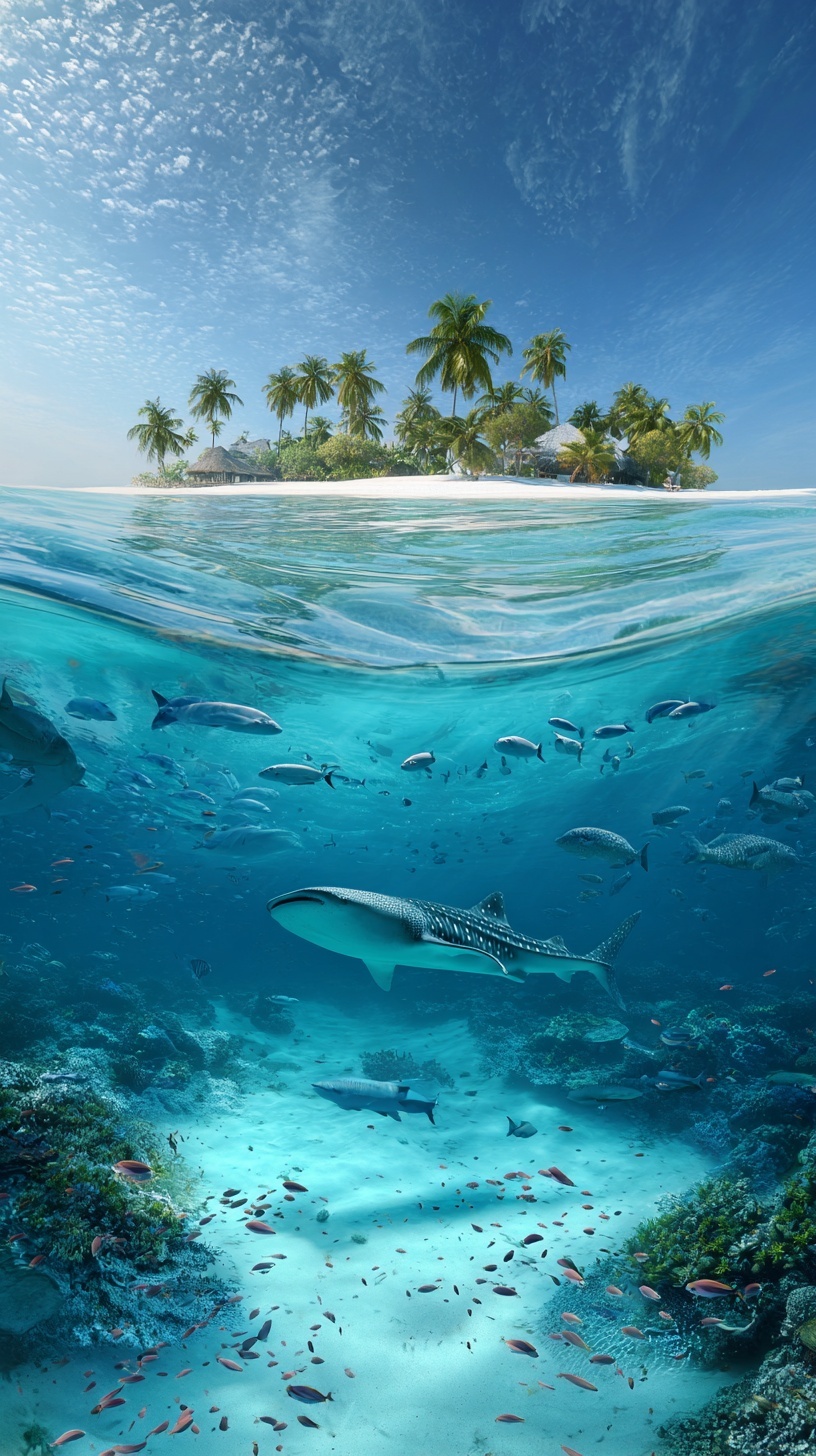 Промпт (промт) для нейросети - Midjourney | Риф и небо в одном кадре