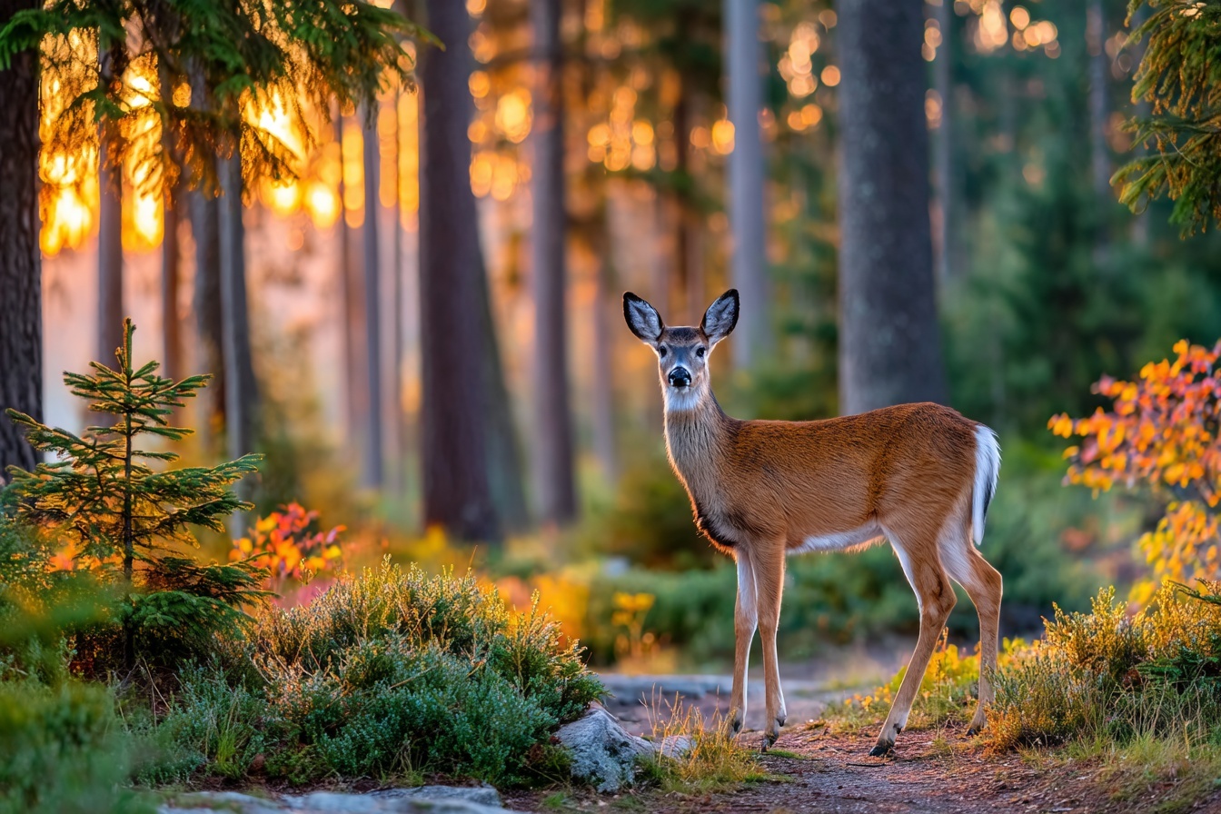 Промпт (промт) для нейросети - Midjourney | Олень  на фоне леса в лучах заката