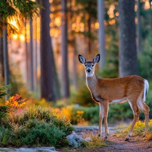 Олень  на фоне леса в лучах заката