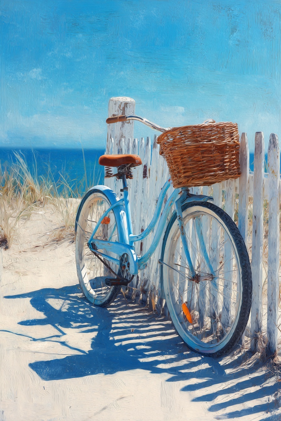 Промпт (промт) для нейросети - Midjourney | Велосипед у пляжа