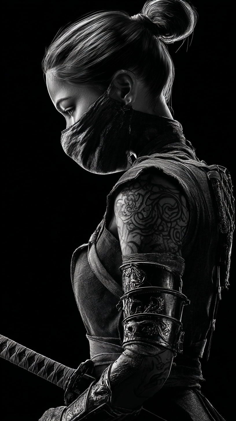 Промпт (промт) для нейросети - Midjourney | Женщина-ниндзя - Сталь и шёлк