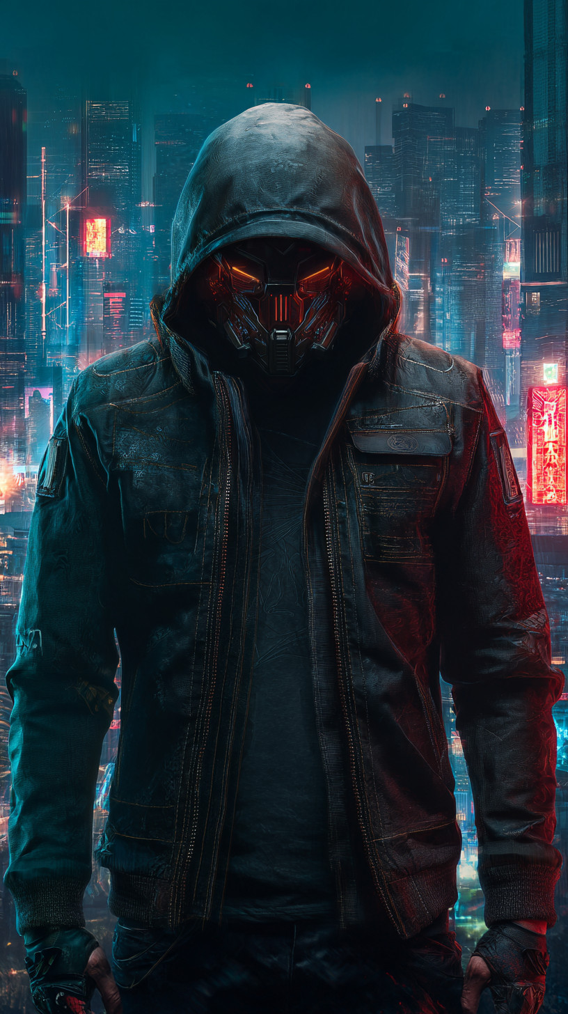 Промпт (промт) для нейросети - Midjourney | Страж неоновых трущоб