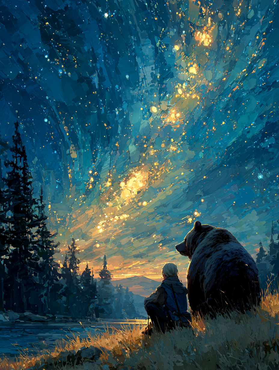 Промпт (промт) для нейросети - Midjourney | Медведь и путник