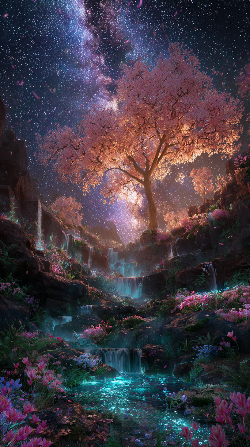 Промпт (промт) для нейросети - Midjourney | Сакура и звёздный водопад