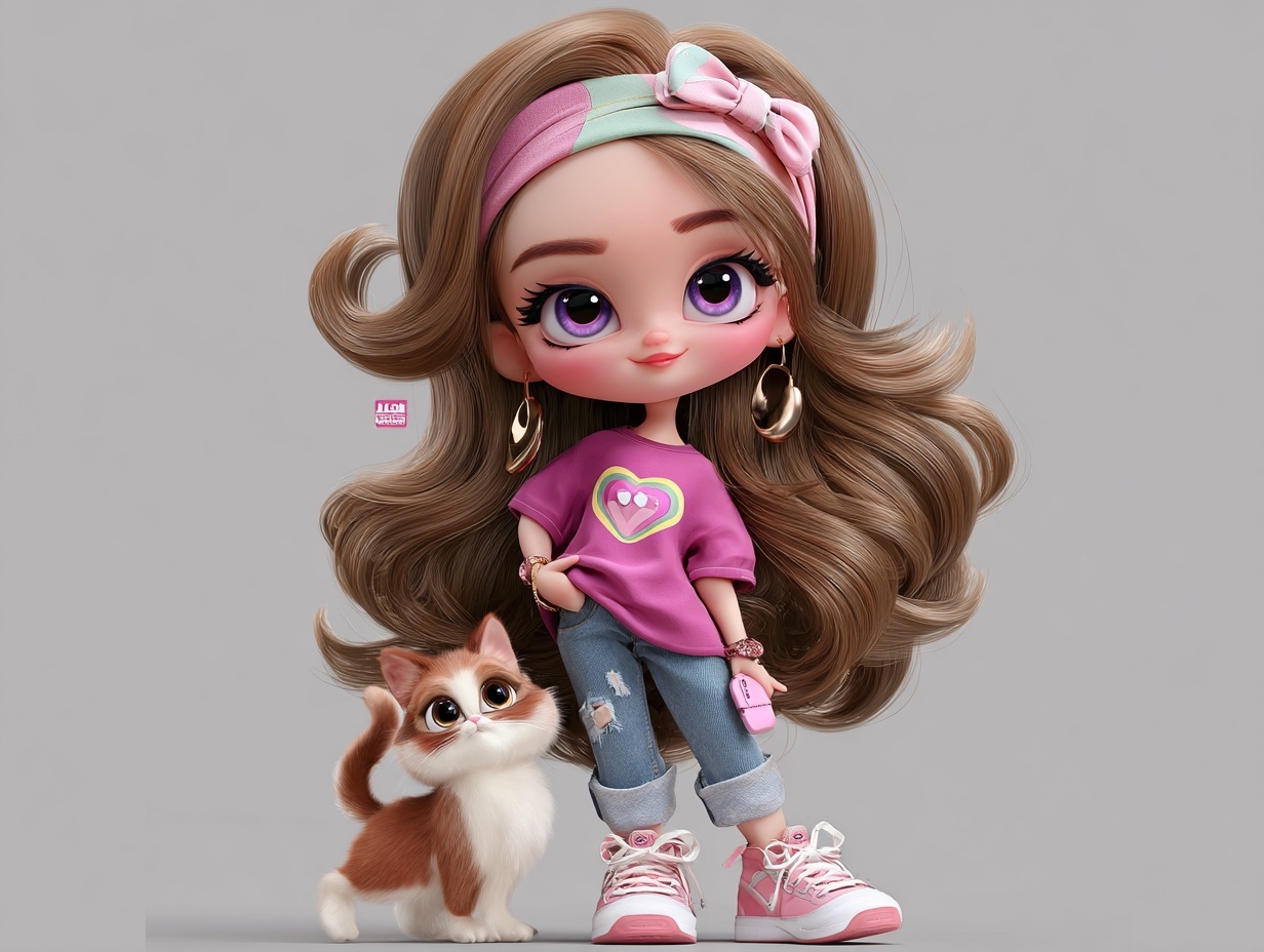 Промпт (промт) для нейросети - Midjourney | Чиби девушка и котёнок