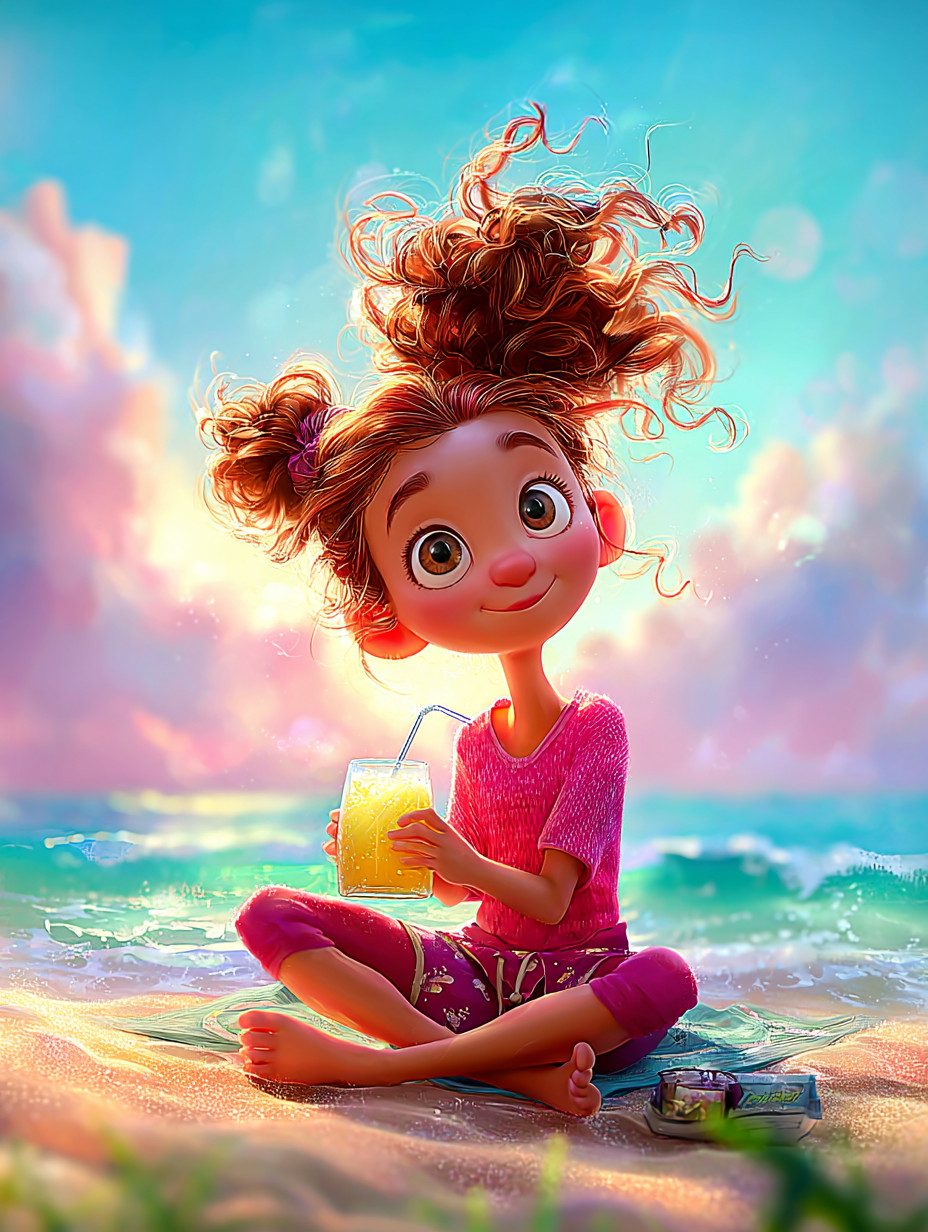 Промпт (промт) для нейросети - Midjourney | Милый ребенок у океана в стиле Pixar 