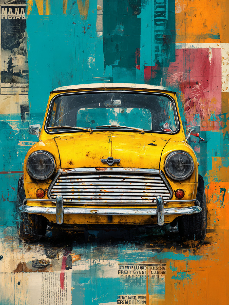 Промпт (промт) для нейросети - Midjourney | Коллаж с винтажным Mini Cooper