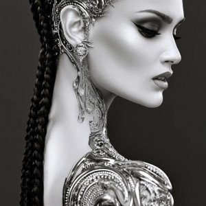Женщина с тёмными косами и серебряными биомеханическими узорами
