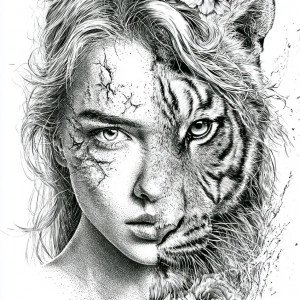 Тату-эскиз - женщина и тигр в одном лице