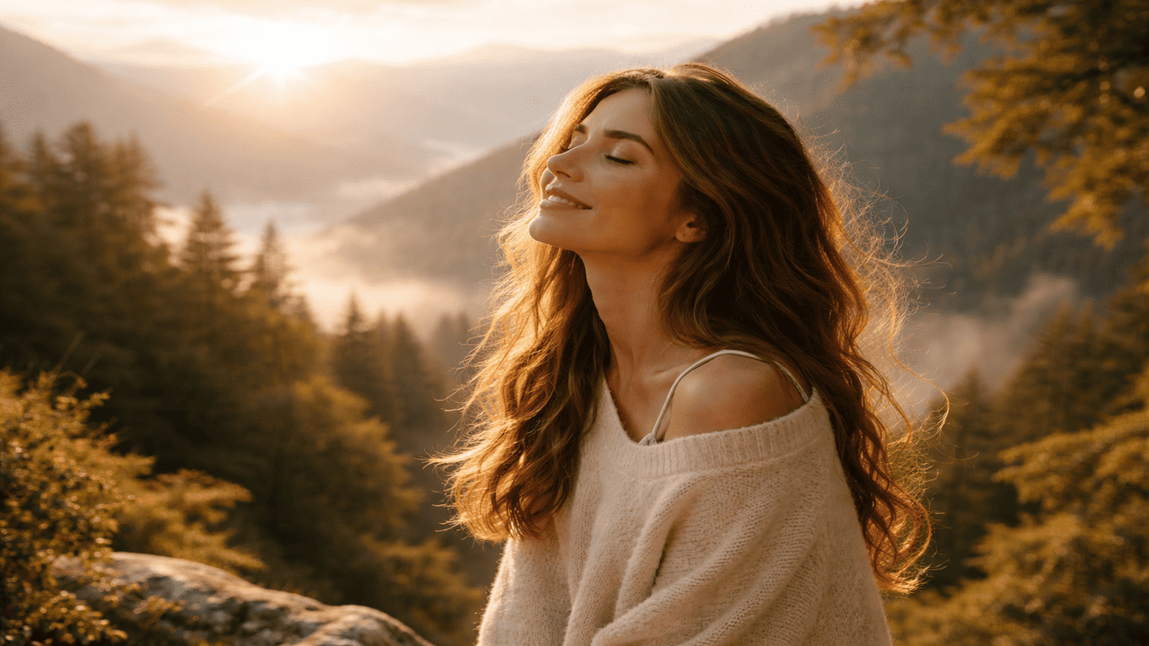 девушка, горный склон, теплые лучи