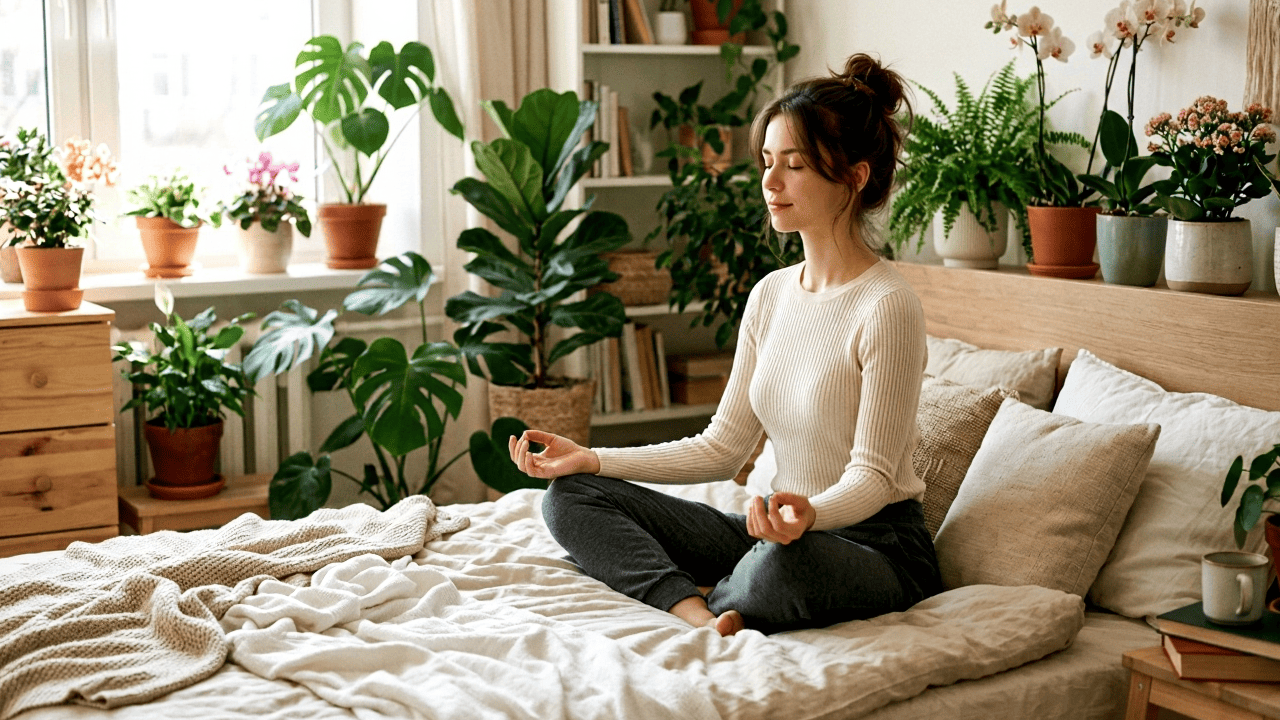 Девушка медитирует на кровати дома