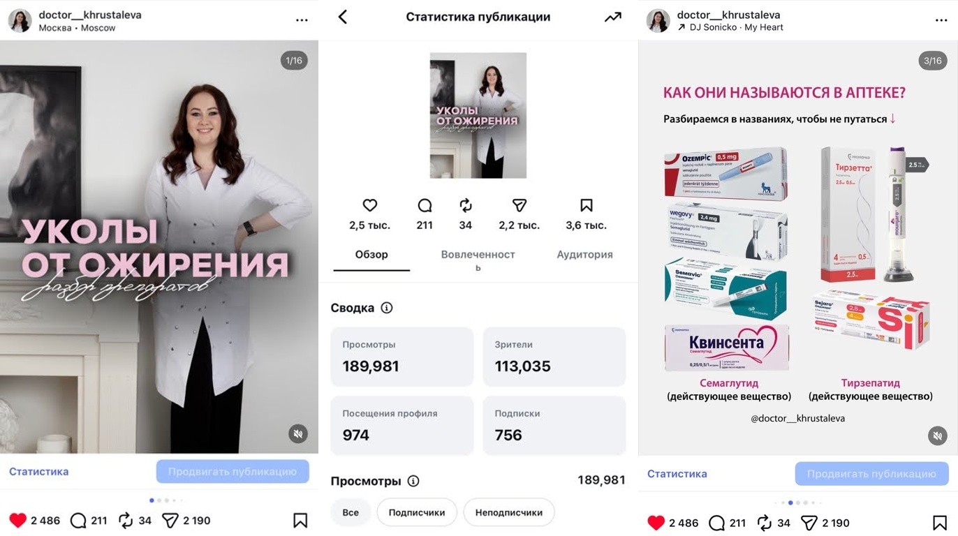 Как продвигать медицинский блог врачу, посты-карусели для роста блога Хрусталева Галина. Уколы от ожирения, лекарства от ожирения, Оземпик