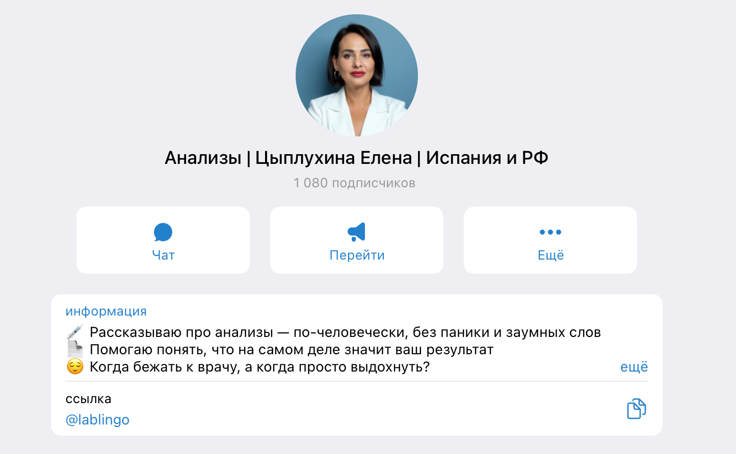 Телеграм-канал Елены Цыплухиной про анализы, кейс клуба MEDBLOGERS