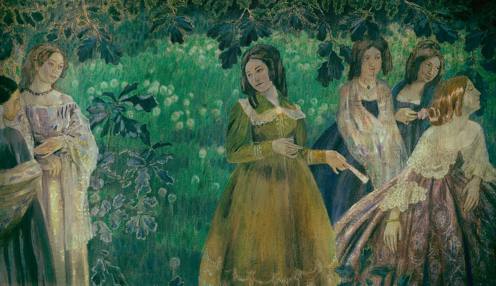 Картина Виктора Борисова-Мусатова «Изумрудное ожерелье», изображающая женщин в светлых платьях среди зелёной листвы