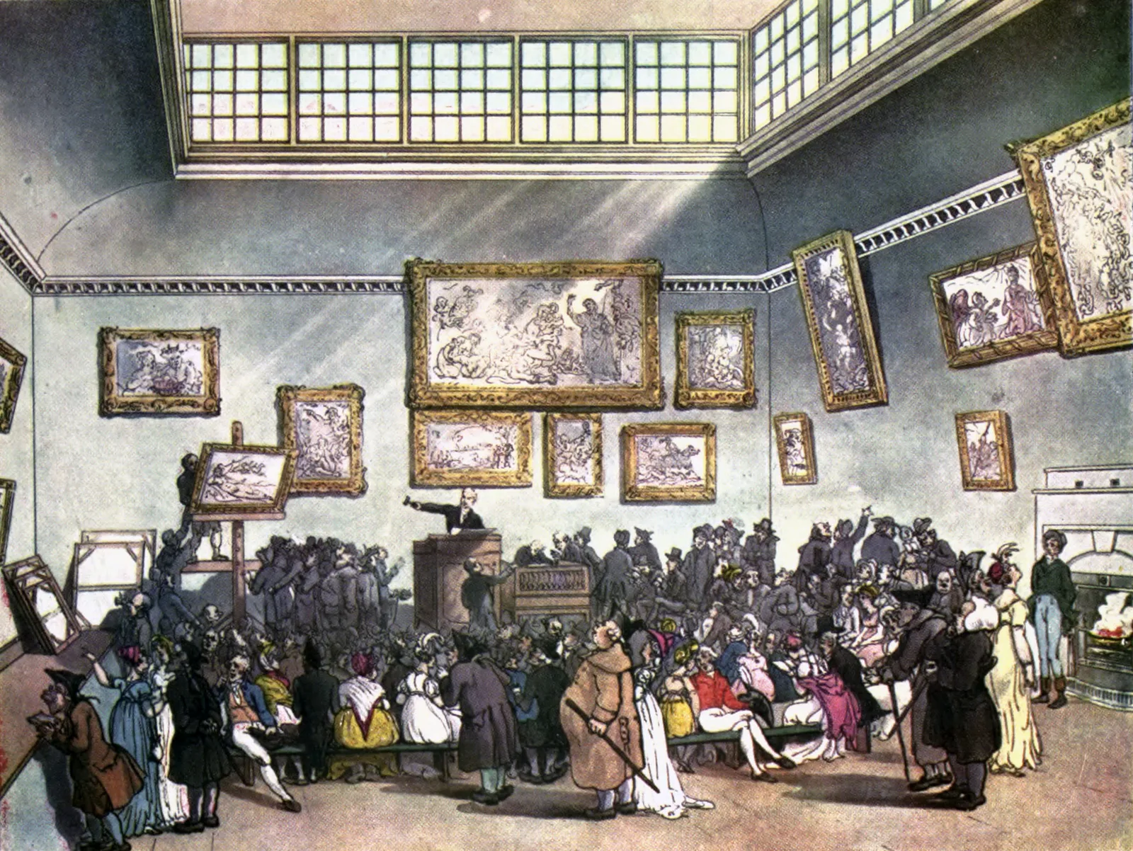 Раскрашенная гравюра: аукционный зал Christie's в Лондоне начала XIX века, аукционист за кафедрой, стены увешаны картинами, зал полон покупателей