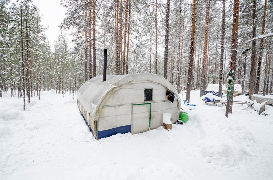 Палатка с печкой в зимнем лесу