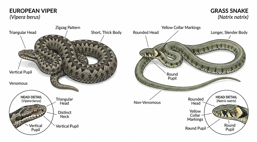 Наглядное сравнение отличительных признаков гадюки (слева) и ужа (справа)