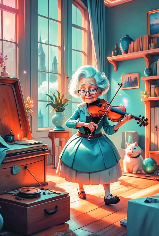 Пожилая женщина стоит в уютной гостиной, играя на скрипке. Рядом — белая кошка, старый граммофон, полки с книгами и вазами, цветы на подоконнике. Тёплый солнечный свет льётся через окно. Выражение лица — мягкая, счастливая улыбка. Вся сцена дышит теплом и творчеством.