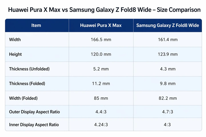 Galaxy Z Fold 8 Wide vs Huawei Pura X Max: габариты