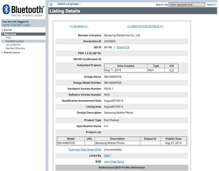 Samsung SM-A500F   Bluetooth SIG