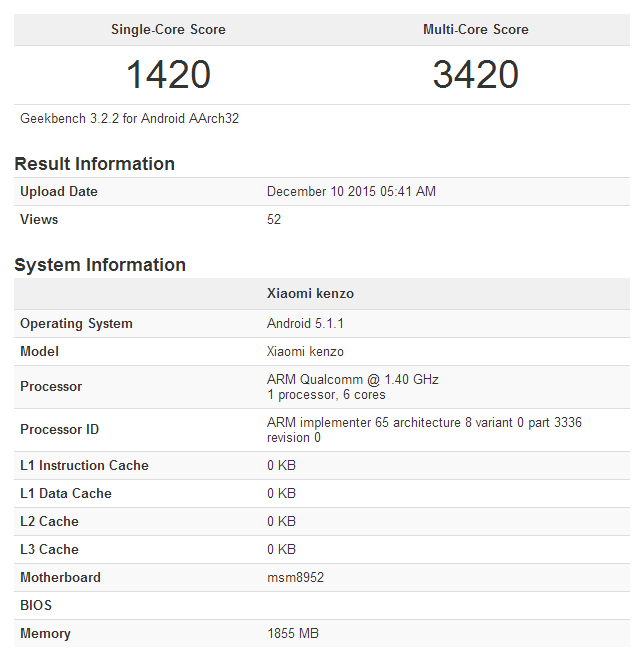 Xiaomi Redmi 3 Kenzo  Snapdragon 617   Geekbench