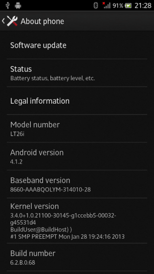  Sony Xperia S  Android 4.1.2 Jelly Bean