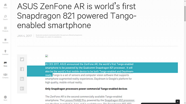 Qualcomm   ASUS Zenfone AR  Project Tango