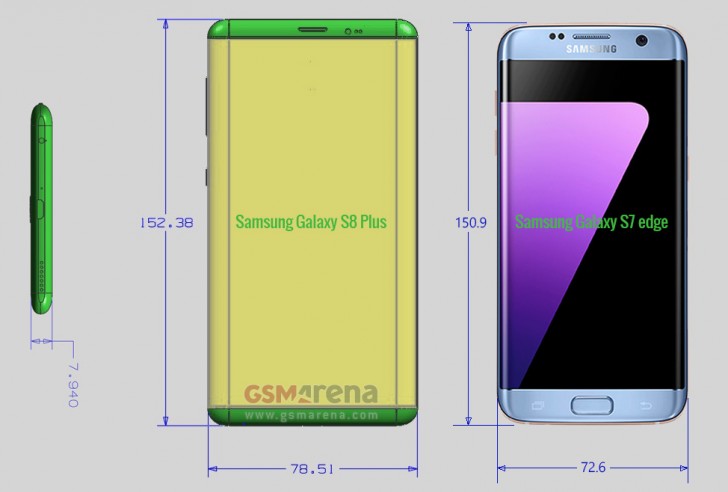 Габариты Samsung Galaxy S8 и S8 Plus на схематических рендерах