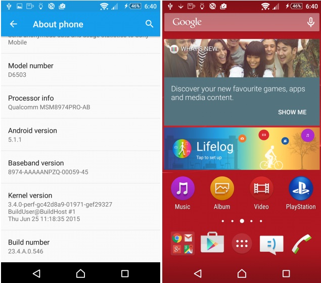  Sony Xperia Z2   Android 5.1.1 Lollipop