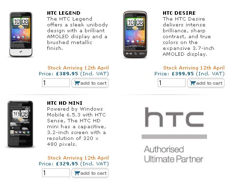 HTC Legend, Desire и HD mini в Англии